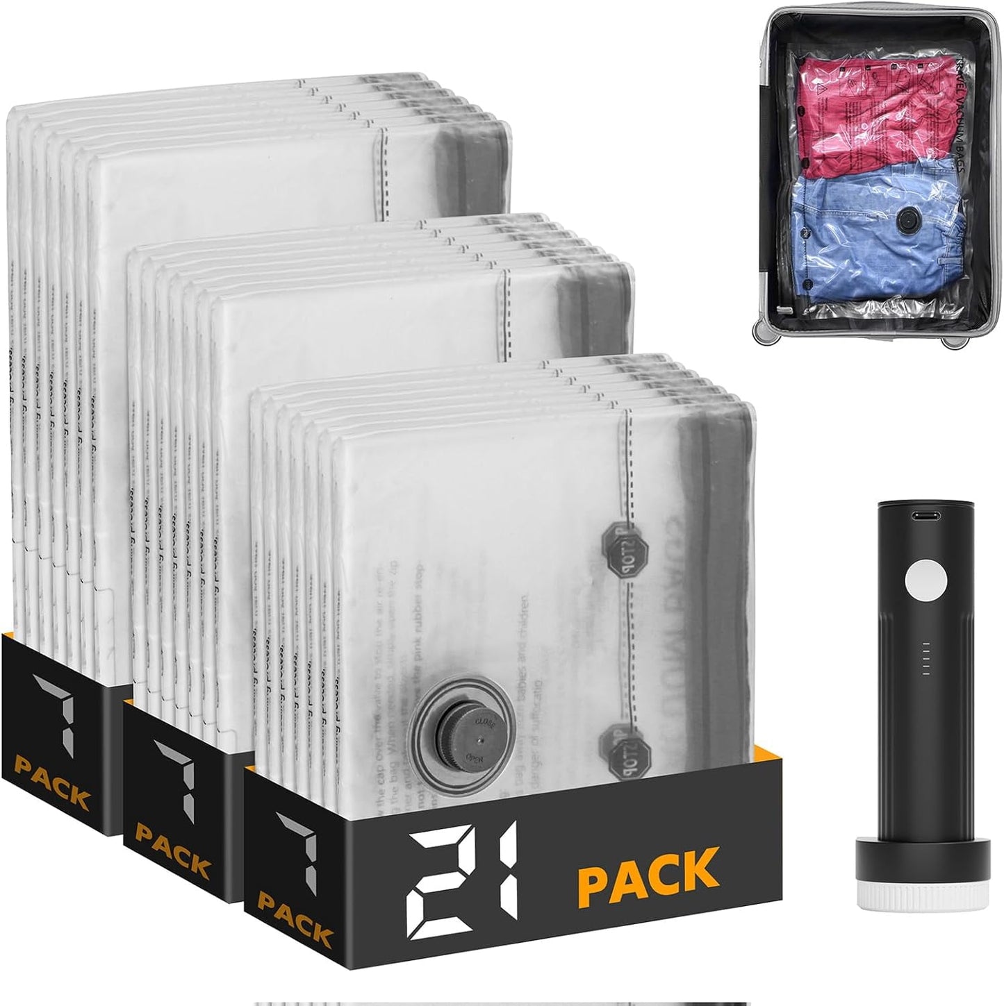 21 Pack Travel Vacuum Storage Bags for Clothing with Rechargeable Electric Pump, Compression Packing Cubes Organizer for Luggage Suitcase, Space Saver Seal Bags for Vacation Cruise