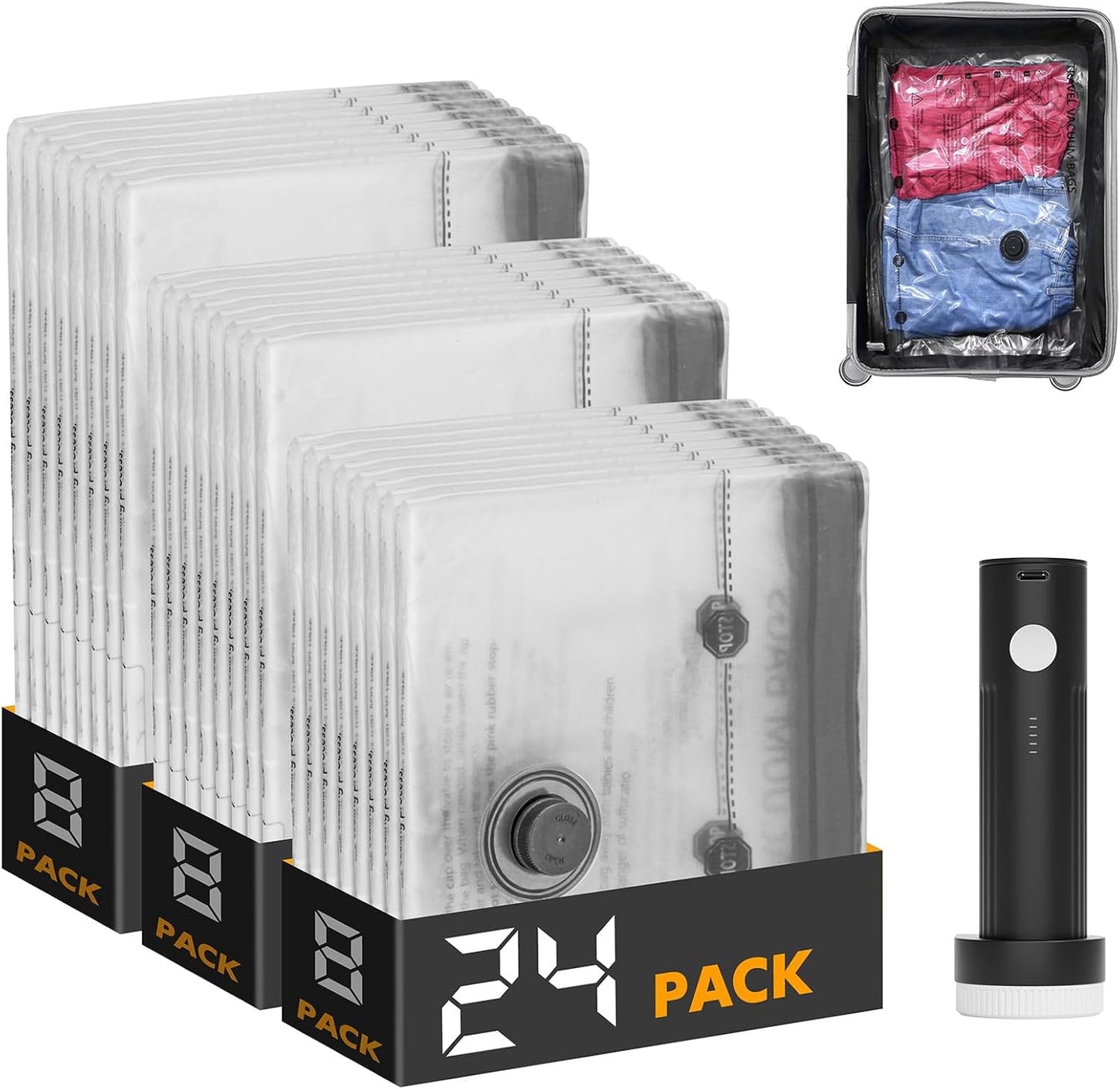 24 Pack Travel Vacuum Storage Bags for Clothing with Rechargeable Electric Pump, Compression Packing Cubes Organizer for Luggage Suitcase, Space Saver Seal Bags for Vacation Cruise