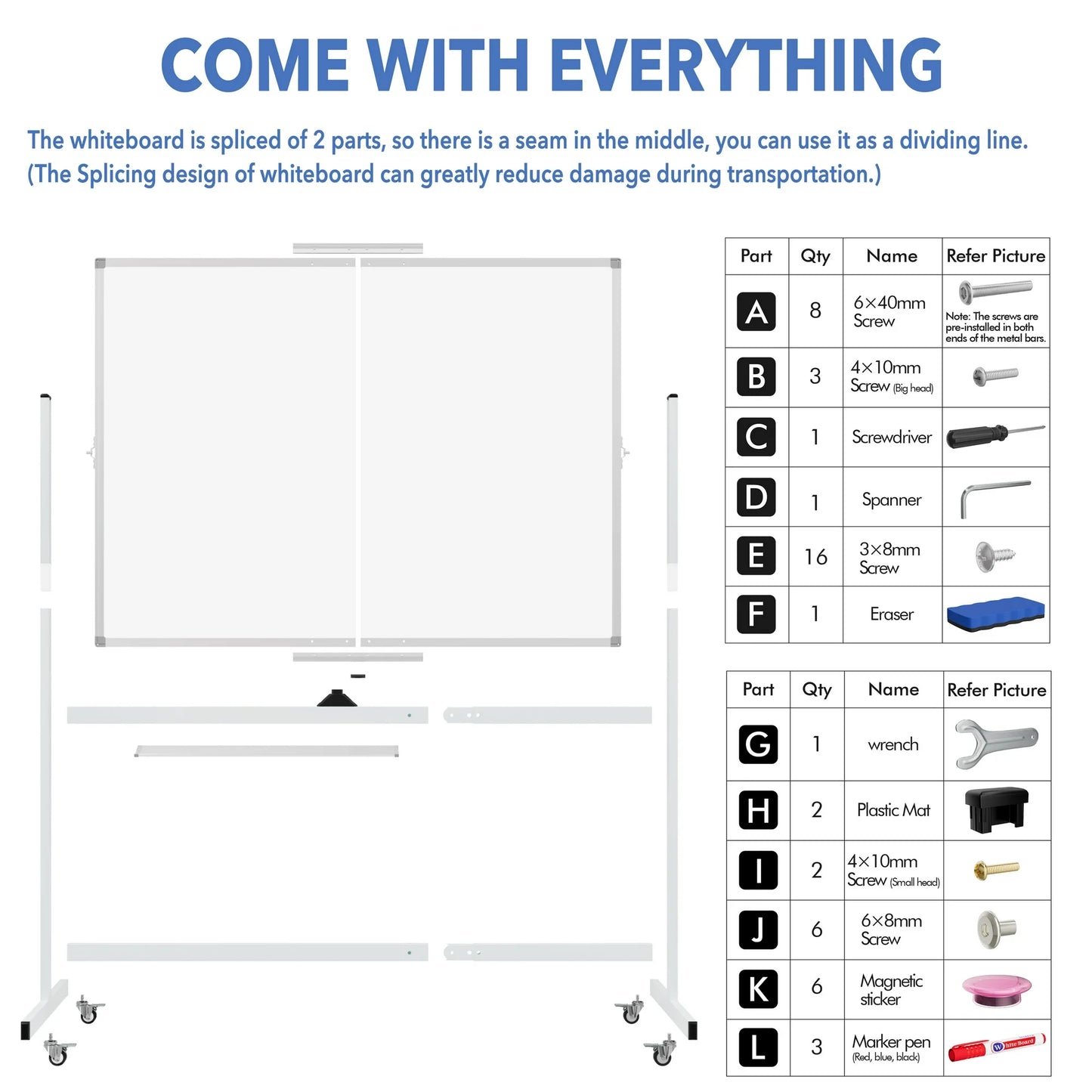 Tooloton Large Rolling Whiteboard on Wheels, 48 x 36 Inches with Stand, 4' x 3' Magnetic Dry Erase Board Easel