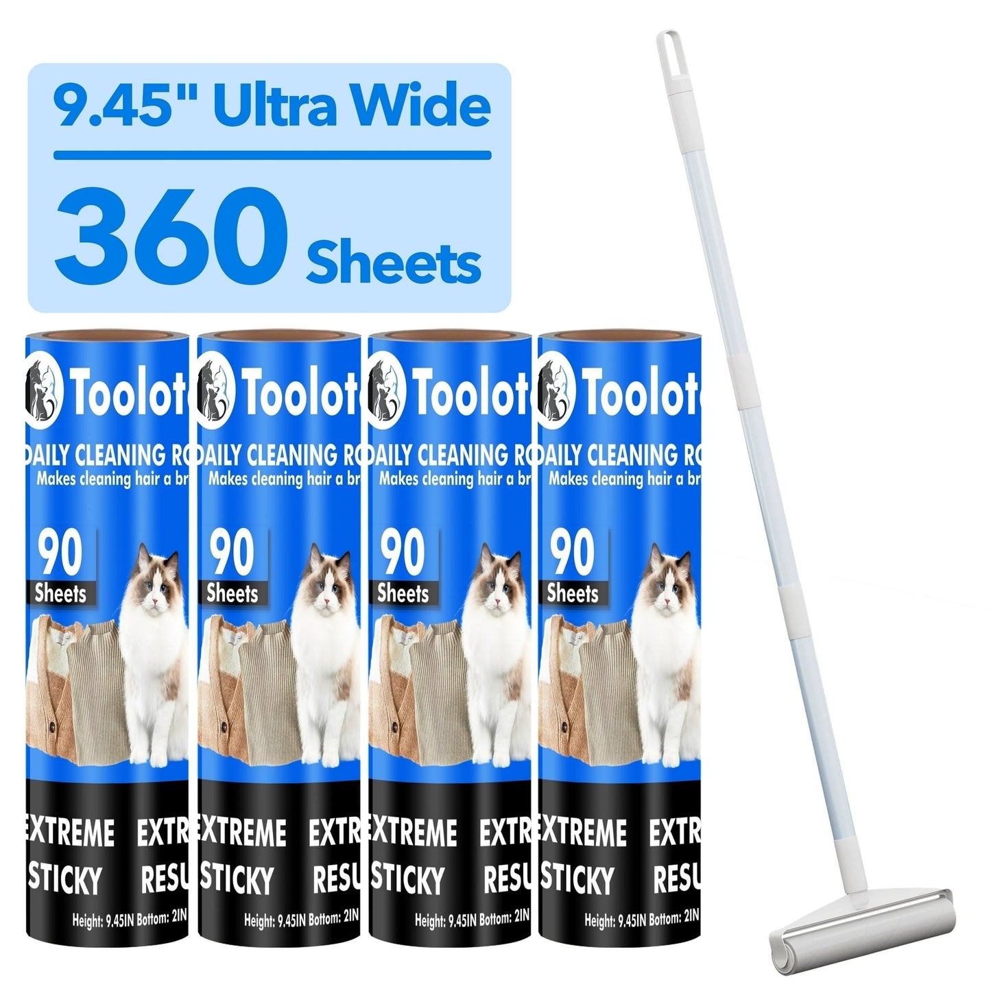 Tooloton Extendable Long Handle 9.45'' Lint Rollers, 360 Sheets, 4 Pack