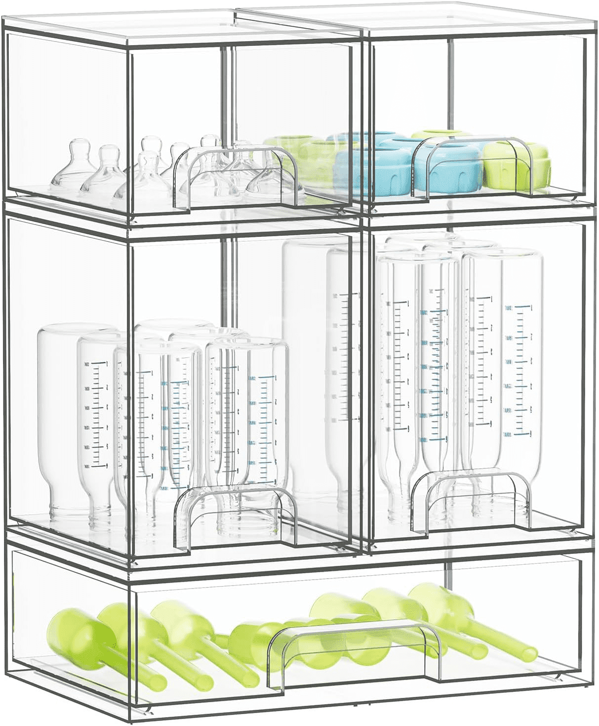 Tooloton Bottle Storage Organizer Baby - Acrylic Bottles Station Organizer Container, Stackable Clear Drawers for Countertop, Vanity, Bathroom, Cabinet, Pantry Organization, 5 Pack, 2S2M1L, 15.4" H