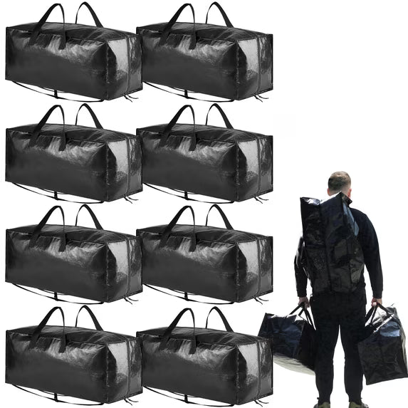 Tooloton Heavy Duty Moving Bags, Extra Large Storage Totes with Backpack Straps, Strong Handles & Zippers, 8 Pack, Black