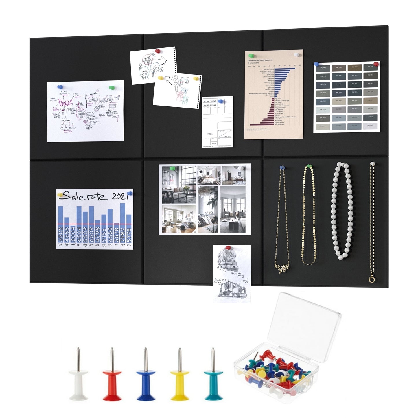 Tooloton Large Cork Board for Wall, Black Felt Bulletin Board with Pushpins, 36" x 24" 6 Panels Wall Tiles, Tack Push Pin Boards for Office