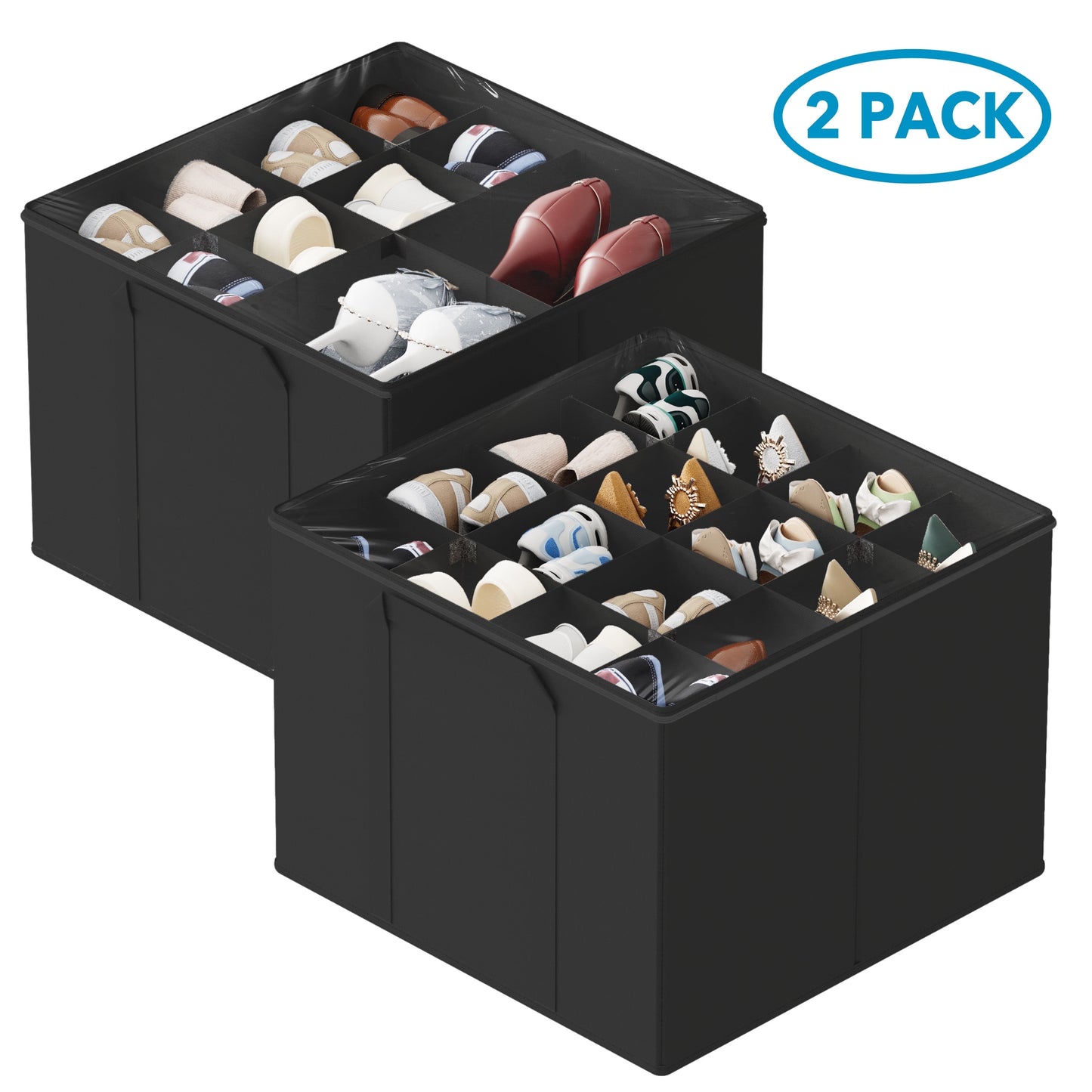 Tooloton Adjustable Dividers Shoe Organizer for Closet, Compact Storage, Fits 16-32 Pairs, Black, 2 Pack