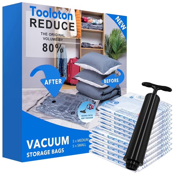 Tooloton Vacuum Storage Bags, Durable Plastic, Flexible, 10 Pack (5 Medium, 5 Small)