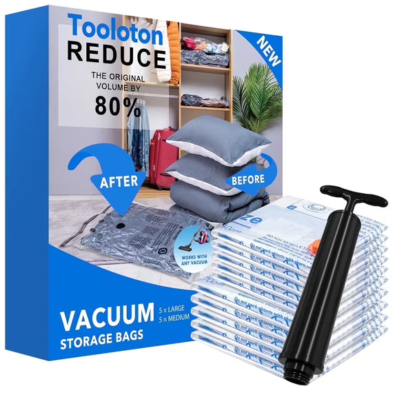 Tooloton Vacuum Storage Bags, Space Saver Bags with Hand Pump, 10 Pack (5 Large, 5 Medium) for Clothes & Blankets