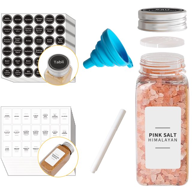 Tooloton 24 Pcs Spice Jars, 374 Spice labels, 386 Round Labels, 1 Collapsible Funnel and 1 Pen