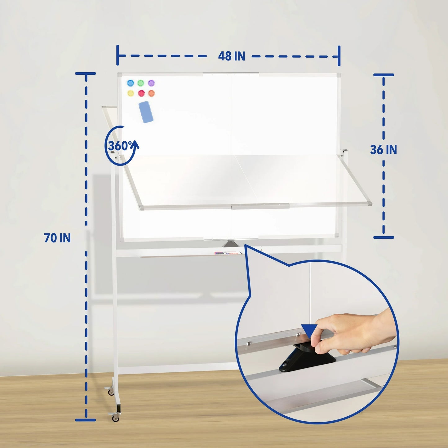Tooloton Large Rolling Whiteboard on Wheels, 48 x 36 Inches with Stand, 4' x 3' Magnetic Dry Erase Board Easel