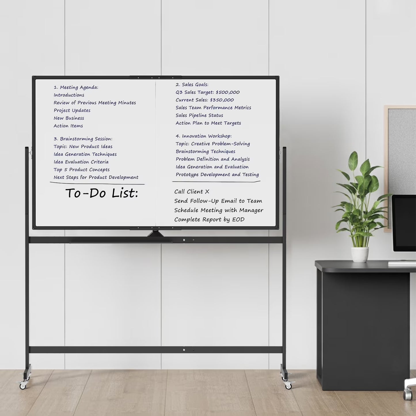 Tooloton Large Rolling Whiteboard on Wheels, 48 x 36 Inches with Stand, 4' x 3' Magnetic Dry Erase Board Easel, Black