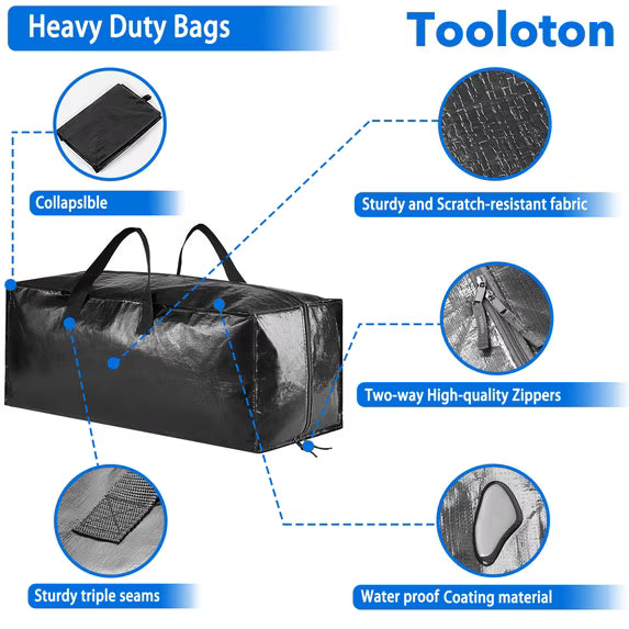Tooloton Heavy Duty Moving Bags, Extra Large Storage Totes with Backpack Straps, Strong Handles & Zippers, 6 Pack, Black