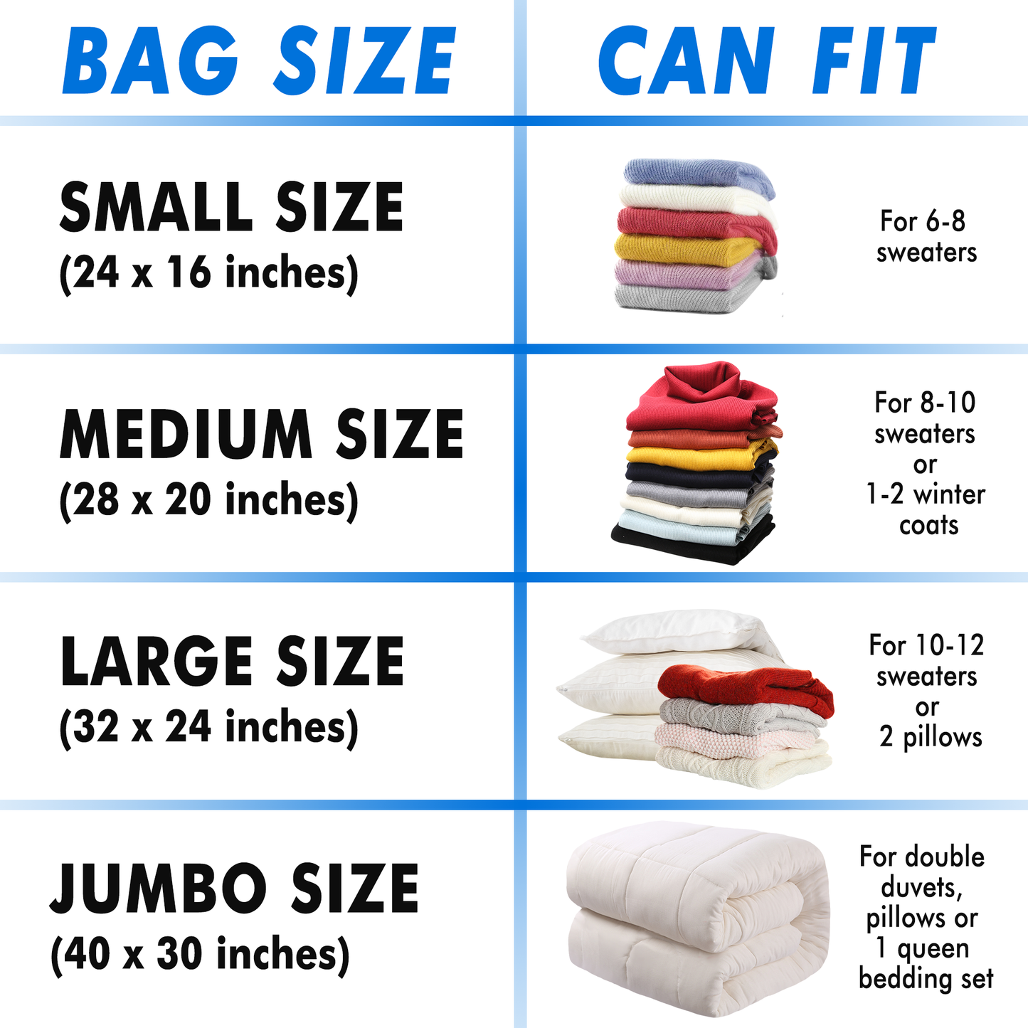 12 Pack Vacuum Storage Bags, 3 Jumbo, 3 Large, 3 Medium, 3 Small