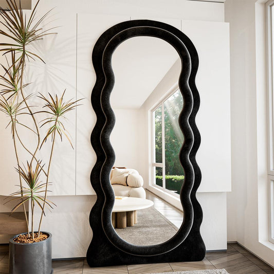 Tooloton 71"x 30" Full Length Floor Mirror Wavy Mirror Leaning or Hanging with Stand,Black