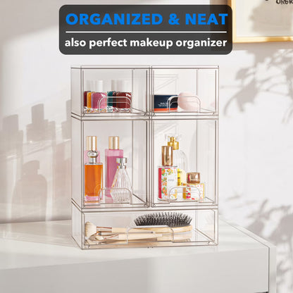 Tooloton Acrylic Stackable Drawers Organizer, 5-Pack for Countertop and Cabinet Storage, 2 Small + 2 Medium + 1 Large, Clear