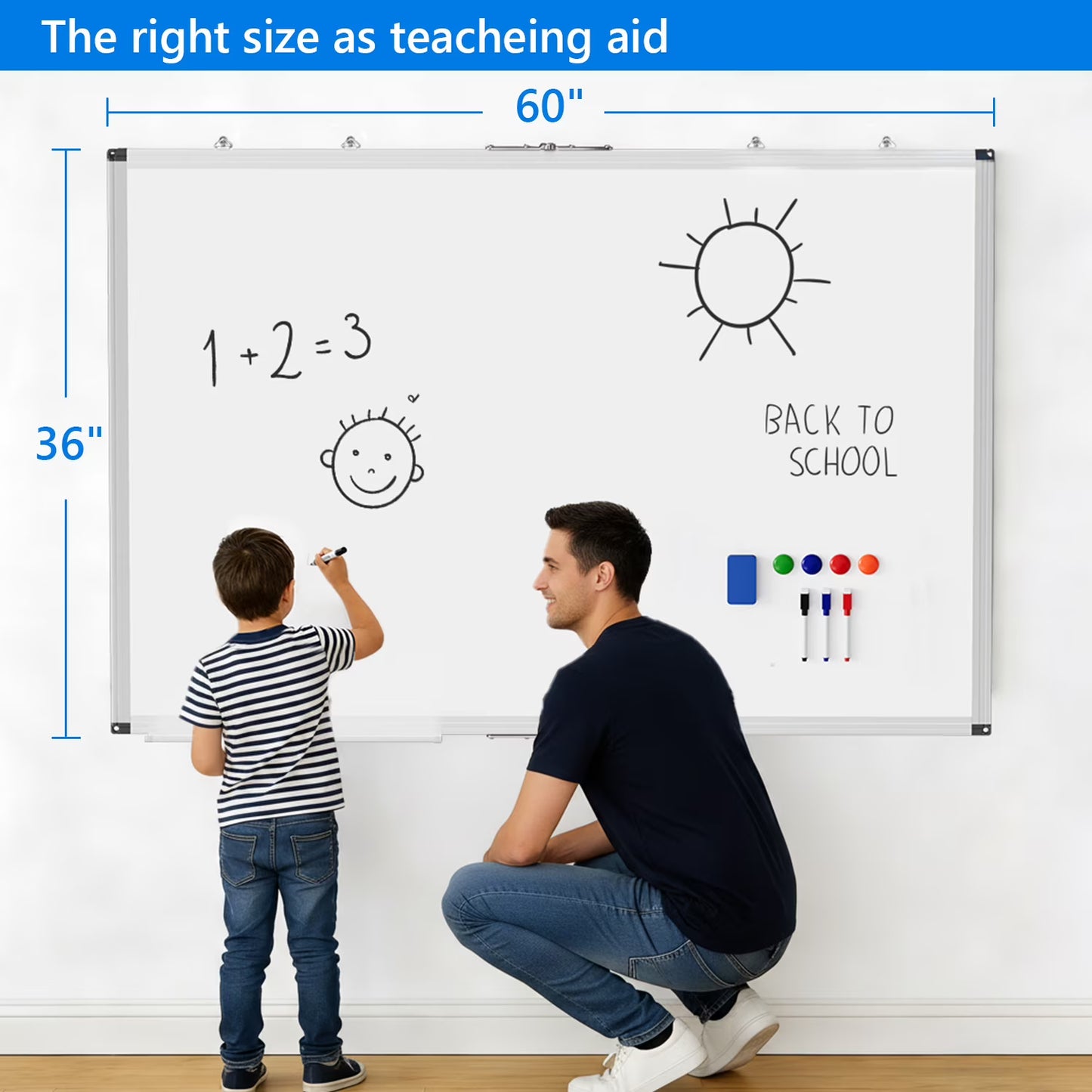 White Board Dry Erase 60 x 36，maxtek Large Magnetic Whiteboard 5' X 3' Dry Erase Board Foldable with Long Marker Tray for Wall-Mounted Aluminum Memo Board Supplies for Class Office & Home