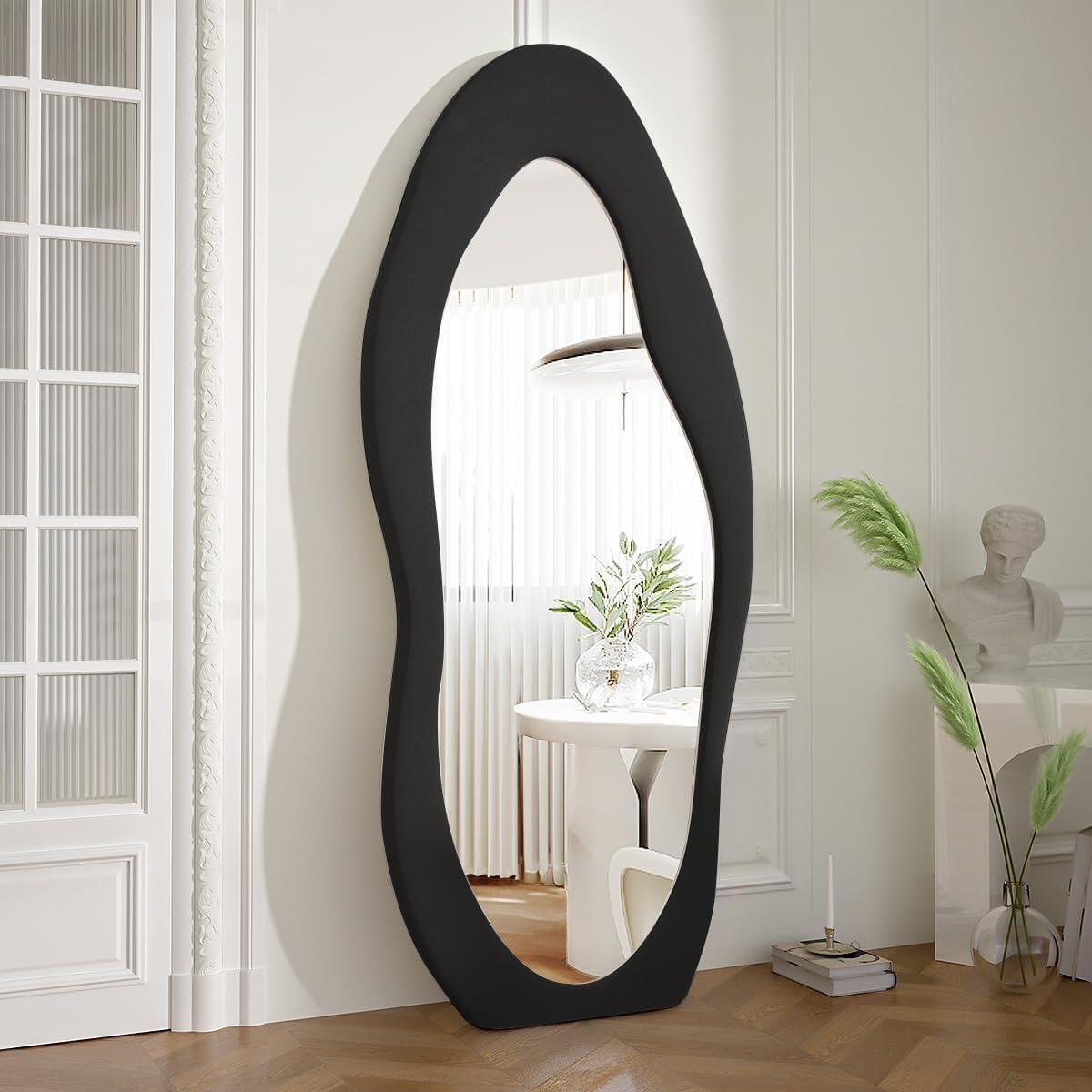 Tooloton 71"x 30" Full Length Floor Mirror Wavy Mirror Leaning or Hanging with Stand,Black