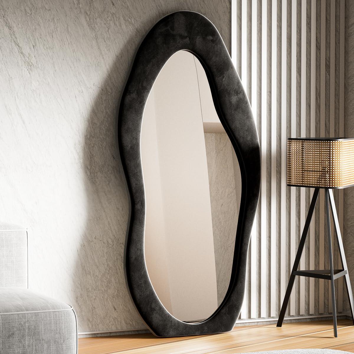 Tooloton 71"x 30" Full Length Floor Mirror Wavy Mirror Leaning or Hanging with Stand,Black