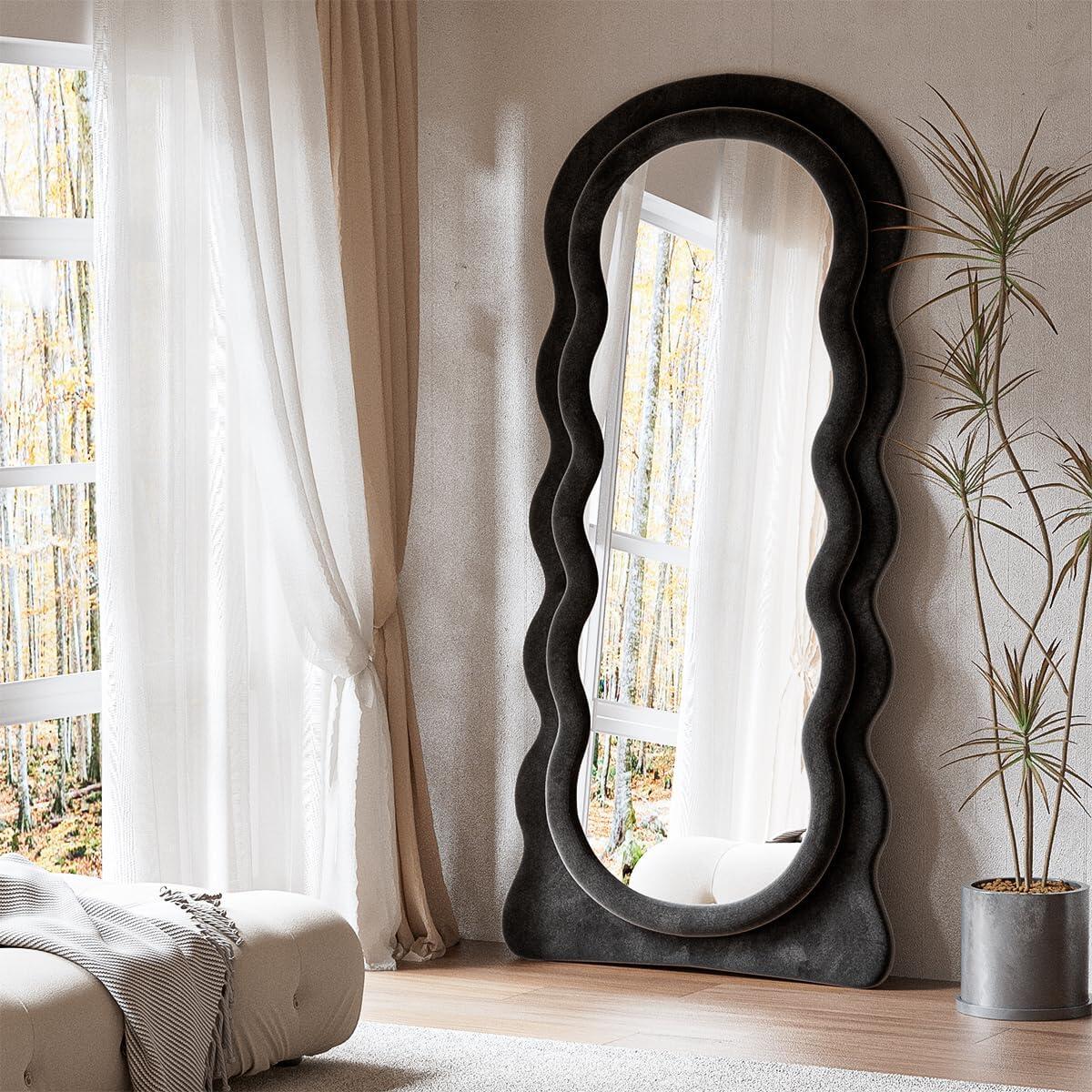 Tooloton 71"x 30" Full Length Floor Mirror Wavy Mirror Leaning or Hanging with Stand,Black