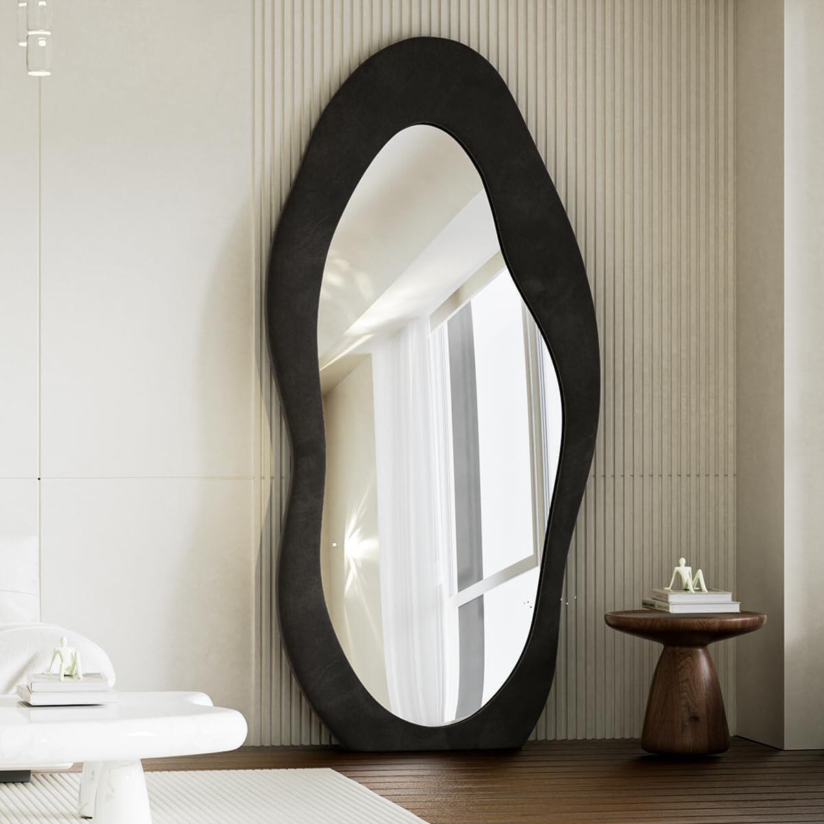 Tooloton 71"x 30" Full Length Floor Mirror Wavy Mirror Leaning or Hanging with Stand,Black