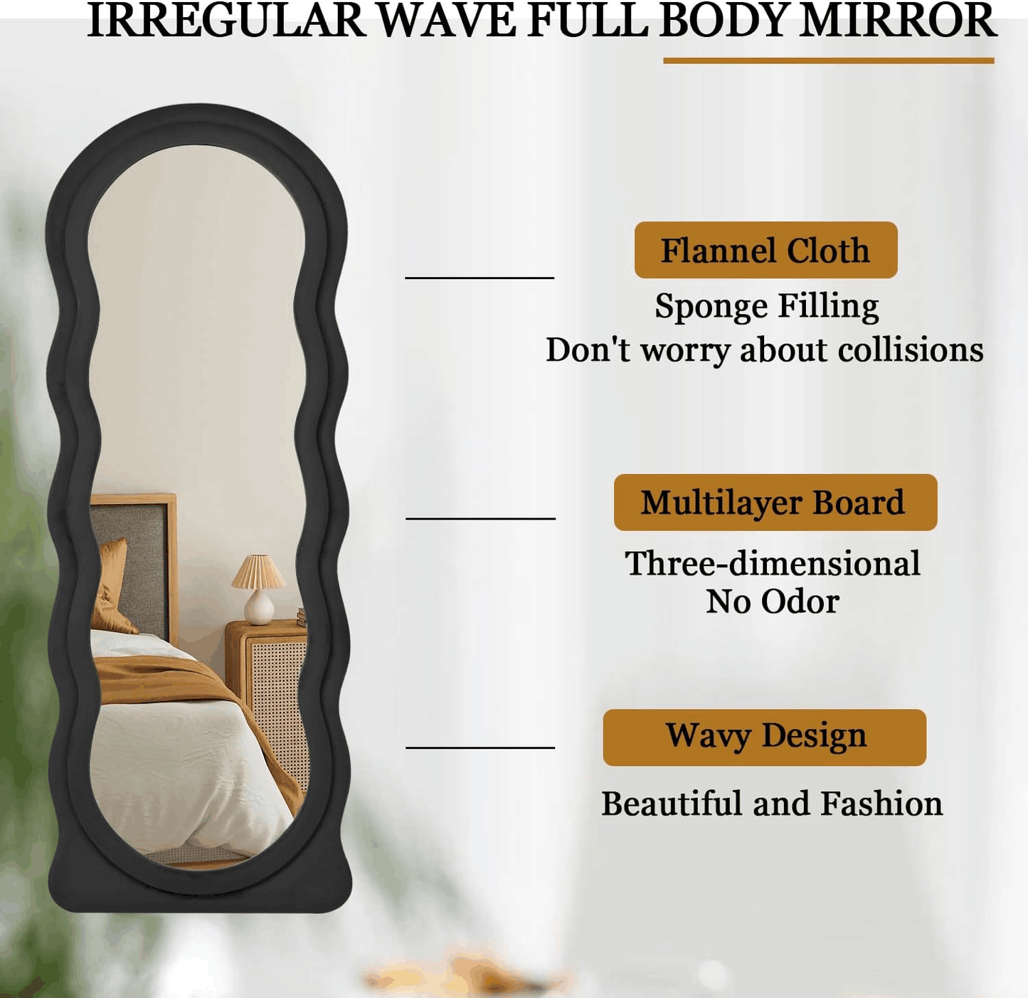 Tooloton 71"x 30" Full Length Floor Mirror Wavy Mirror Leaning or Hanging with Stand,Black