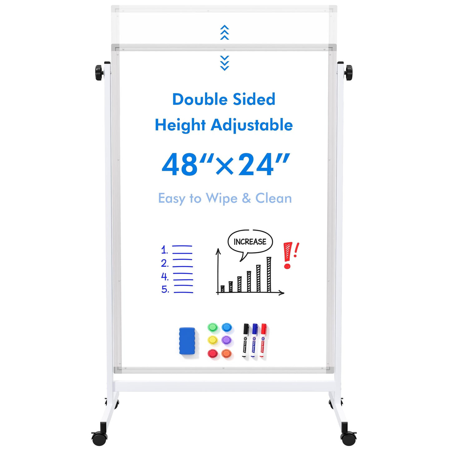 Tooloton Mobile Double-Sided Whiteboard, 48 x 24 Inch Height Adjustable Magnetic Dry Erase Board with Stand on Wheels