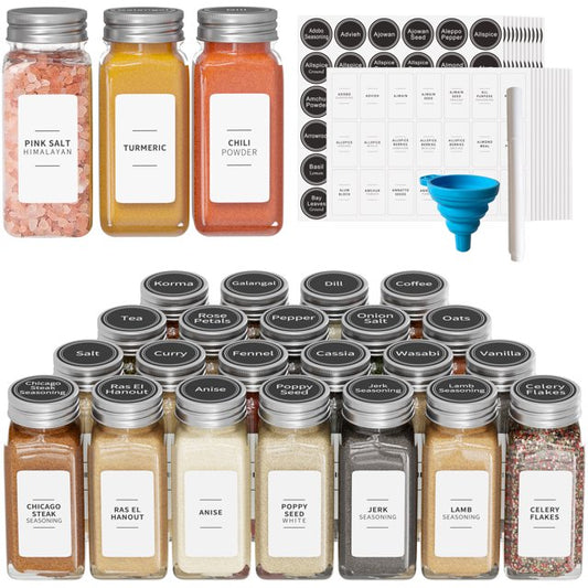 Tooloton 24 Pcs Spice Jars, 374 Spice labels, 386 Round Labels, 1 Collapsible Funnel and 1 Pen