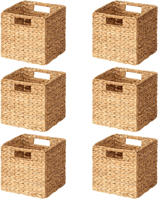 Tooloton 6-Pack Woven Storage Bins with Handles, Natural Rattan Water Hyacinth Organizer for Shelves, 10.5x10.5x10.5 Inch