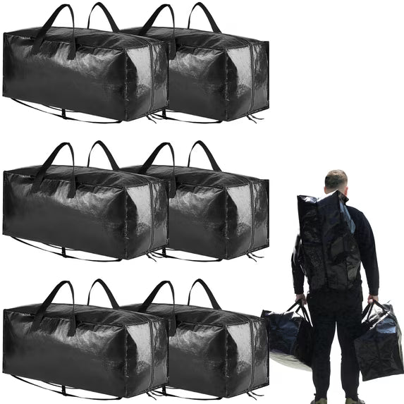Tooloton Heavy Duty Moving Bags, Extra Large Storage Totes with Backpack Straps, Strong Handles & Zippers, 6 Pack, Black