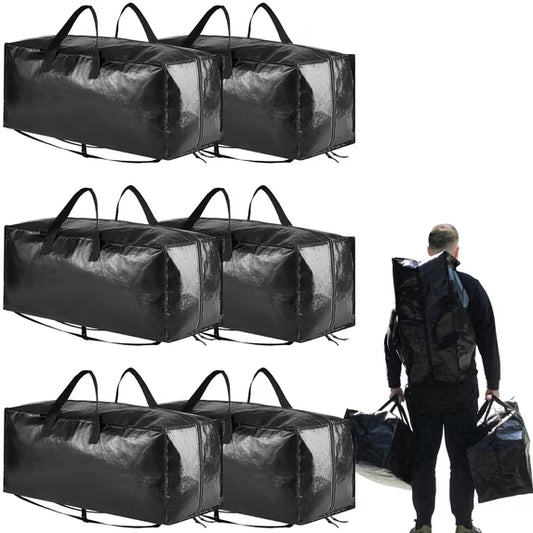Tooloton Heavy Duty Moving Bags, Extra Large Storage Totes with Backpack Straps, Strong Handles & Zippers, 6 Pack, Black