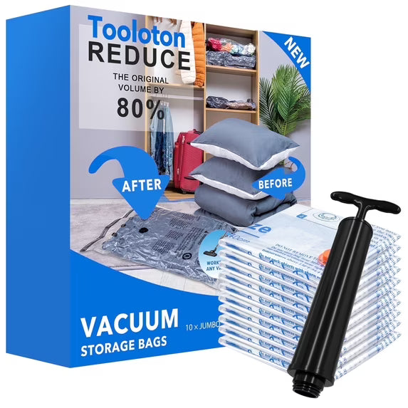 Tooloton Plastic Vacuum Storage Bags, Resealable and Durable, Jumbo Size, 10 Pack