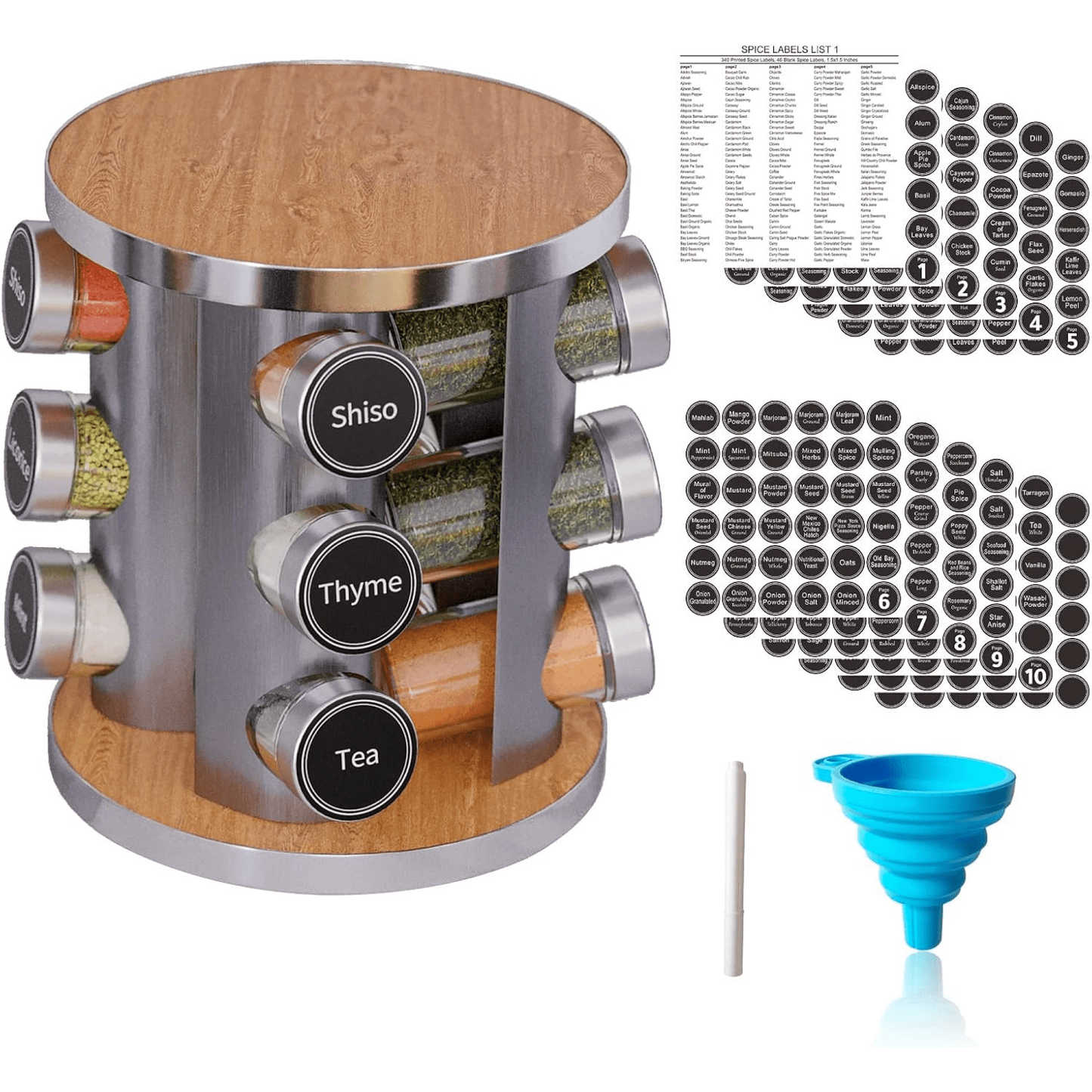 Tooloton Revolving Spice Rack Set with 12 Spice Jars, Includes 386 Spice Labels