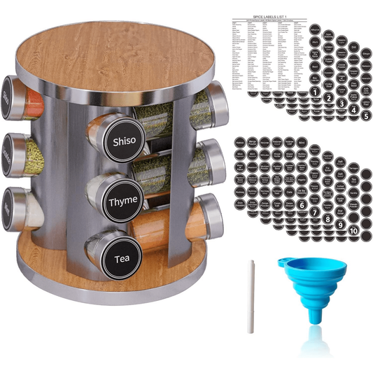 Tooloton Revolving Spice Rack Set with 12 Spice Jars, Includes 386 Spice Labels