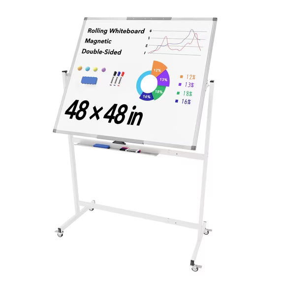 Tooloton Rolling Whiteboard, 48x48 Large Magnetic White Board with Stands, Big Double-Sided White Board Dry Erase on Wheels for Homeschool, Home Office, Office, School