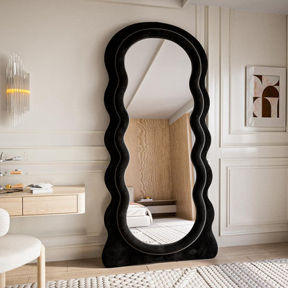 Tooloton 71"x 30" Full Length Floor Mirror Wavy Mirror Leaning or Hanging with Stand,Black