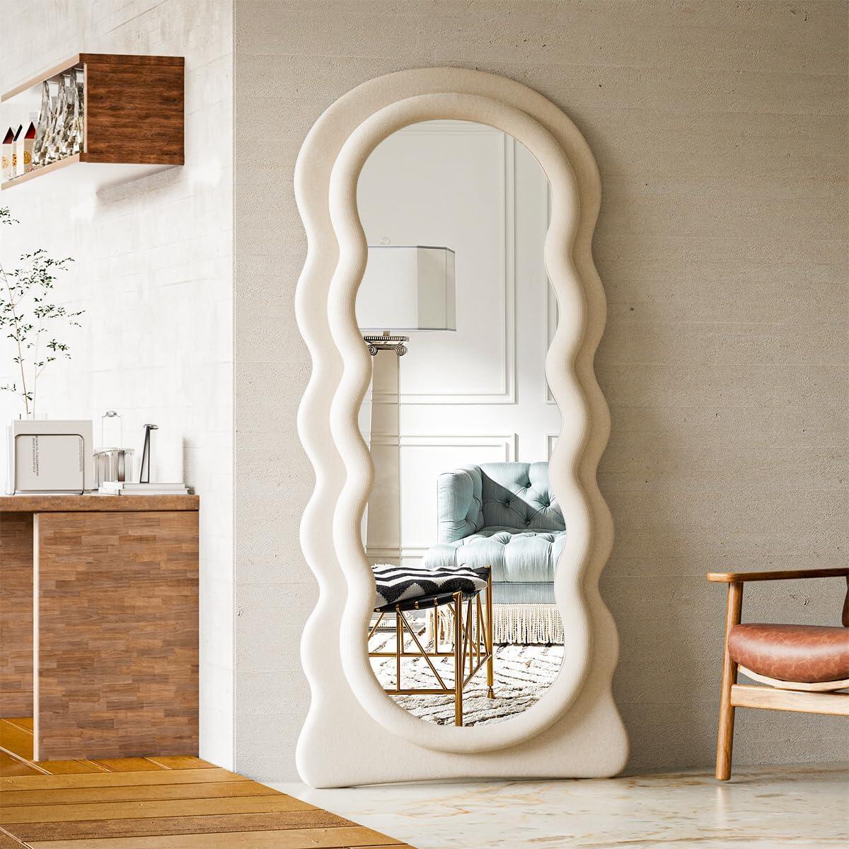 Tooloton 71"x 30" Full Length Floor Mirror Wavy Mirror Leaning or Hanging with Stand,Black