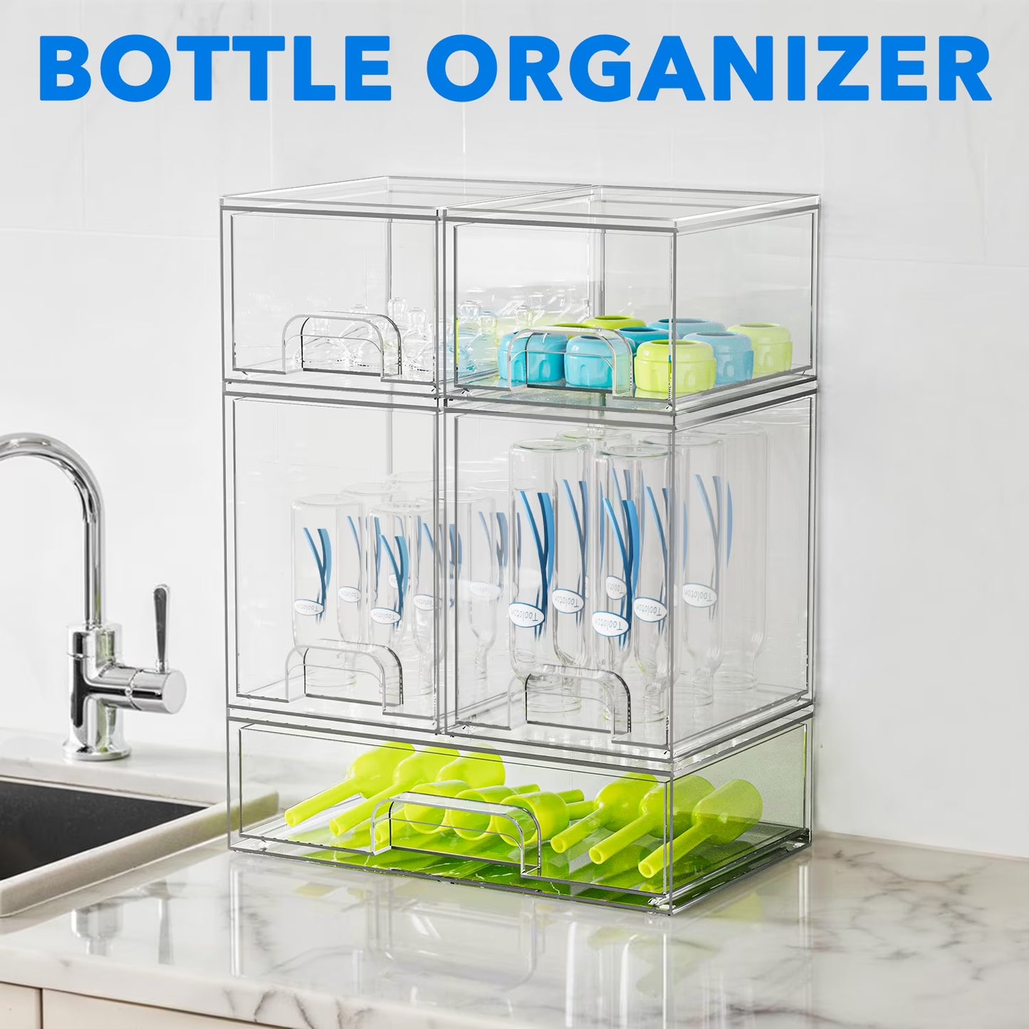 Tooloton Acrylic Stackable Drawers Organizer, 5-Pack for Countertop and Cabinet Storage, 2 Small + 2 Medium + 1 Large, Clear