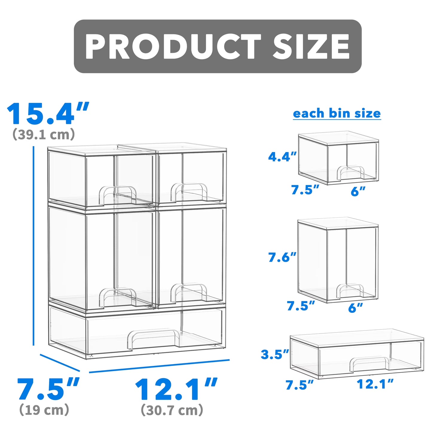 Tooloton Acrylic Stackable Drawers Organizer, 5-Pack for Countertop and Cabinet Storage, 2 Small + 2 Medium + 1 Large, Clear