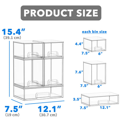 Tooloton Acrylic Stackable Drawers Organizer, 5-Pack for Countertop and Cabinet Storage, 2 Small + 2 Medium + 1 Large, Clear