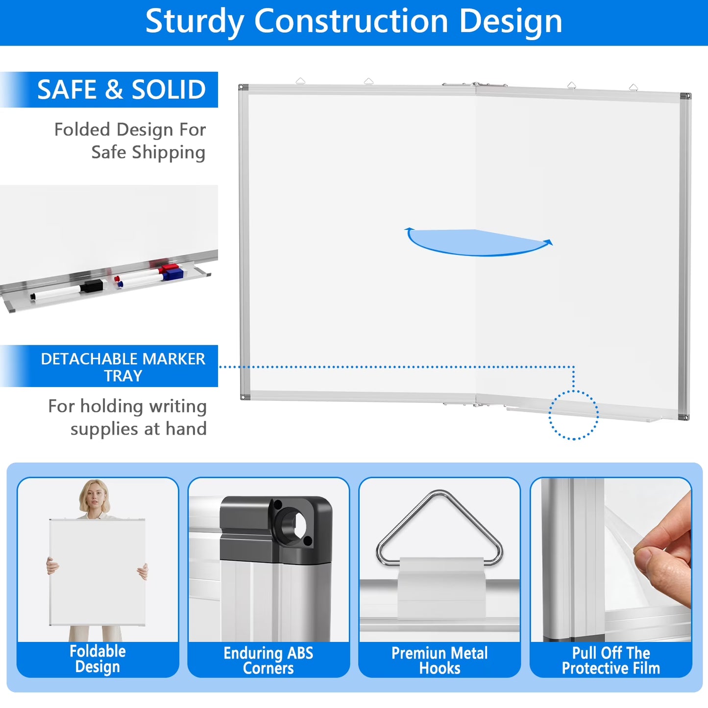 White Board Dry Erase 60 x 36，maxtek Large Magnetic Whiteboard 5' X 3' Dry Erase Board Foldable with Long Marker Tray for Wall-Mounted Aluminum Memo Board Supplies for Class Office & Home